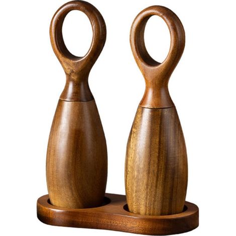 Ensemble moulin à sel et à poivre en bois, rechargeable, à mouture réglable, avec plateau (1/4)