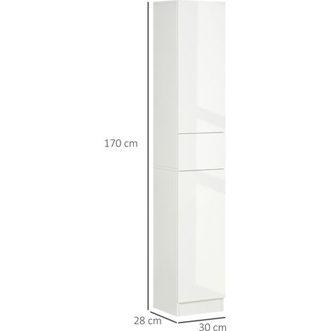 Colonne de salle de bains avec tiroirs et deux placards, blanc brillant, 30 x 28 x 170 cm