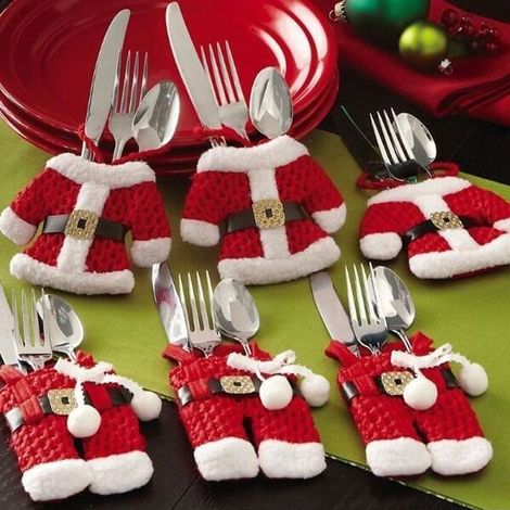 Lot de 6 poches couverts Père Noël – Polyester rouge – Décoration table Noël – Festif