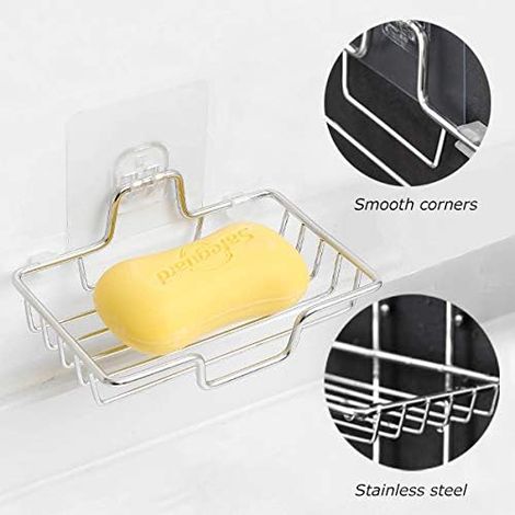 Porte-savon mural en acier inoxydable pour douche, porte-éponge, étagère à savon pour salle de bain, cuisine et baignoire. Résistant à la rouille, sans perçage. (1/5)