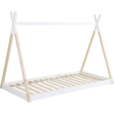 Kid's teepee bed 90 x 190cm natural pine slatted base included, Tobias, White, 196x100x136.5 cm