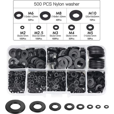 Rondelles plates en nylon noir – Lot de 500 pièces – 8 tailles M2.5 à M10 – Résistantes à l'usure et à la corrosion – Boîte de rangement incluse – Devenirriche