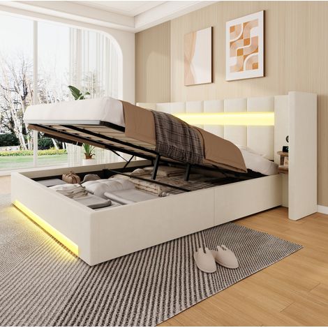 Lit capitonné moderne en velours beige 160x200 cm avec large tête de lit, USB, LED et coffre hydraulique