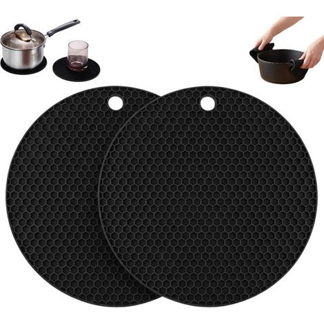 Lot de 2 tapis isolants thermiques en silicone épais et antidérapant, noirs, de 18 cm de diamètre et résistants à la chaleur. Adaptés aux casseroles et plans de travail chauds. (1/5)