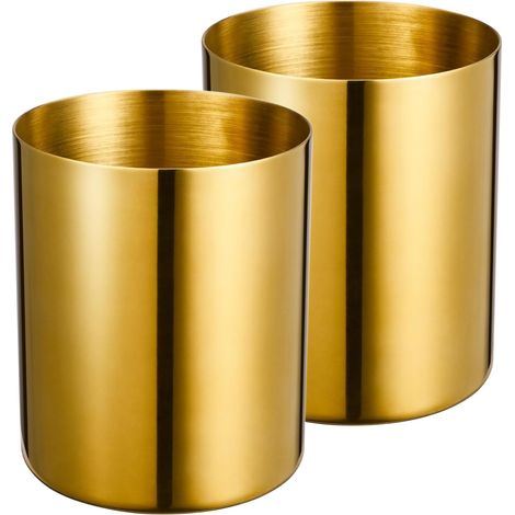 Lot de 2 porte-stylos ronds dorés en acier inoxydable 304 poli miroir – Pot à crayons de style nordique et organisateur de pinceaux de maquillage pour bureau, maison, cuisine, salle de bain et (1/4)