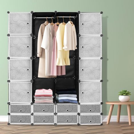 Randaco Kleiderschrank Garderobenschrank 180x142x37cm (HxLxB) Kleiderschränke Regalsystem Steckregal - 16+8 Boxen (schwarz aufdruck)