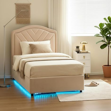 CLIPOP Single Bed Frame 90x200 cm with Velvet Headboard, Smart Adjustable LED Light, Metal Ottoman Bed Frame with Wooden Slat Support, Gas lift Under Bed Storage Beige (1/5)