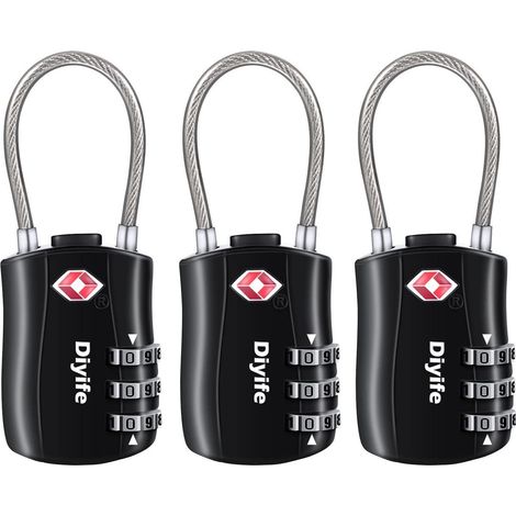 Cadenas de bagage TSA 3 pièces, serrure à combinaison 3 chiffres, câble pour valises et sacs, noir