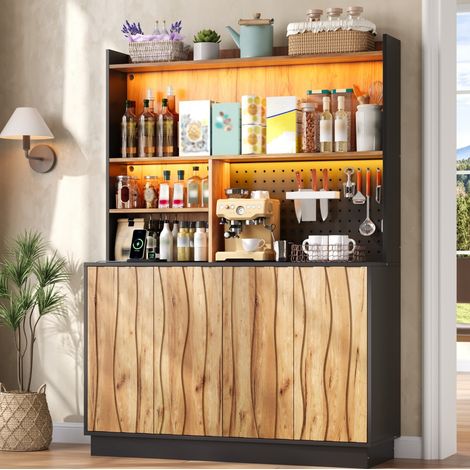 MODFU – Credenza contenitore 120x43x160 cm in MDF con LED RGB, prese USB, pannello forato, 2 ante e carico 50 kg – Naturale/nero (1/5)