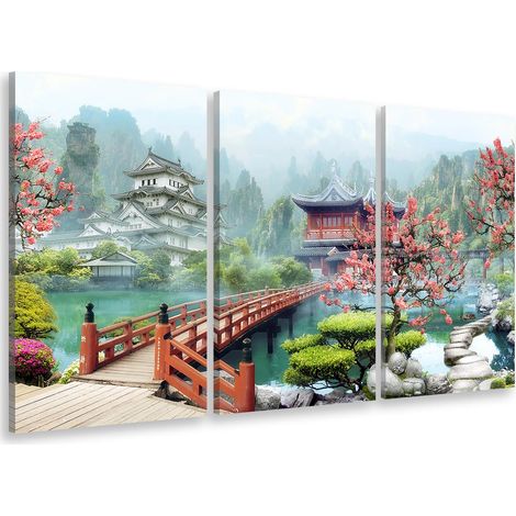 Tableau triptyque paysage illustré temple bouddhiste - 90x60 cm Toile imprimée (1/5)