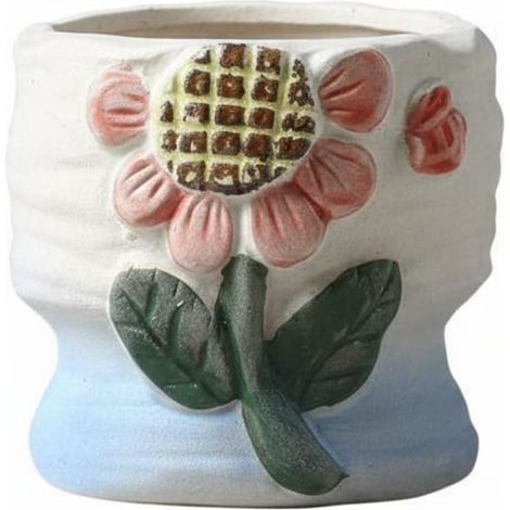 Pot de Fleurs Céramique Mini Pot à Plantes Animé Style Rustique Adapté pour Bureau Maison Décoration Espace Enfant, Tournesol Rond (1/5)