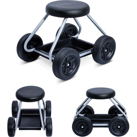 Siège de jardinage roulant – Acier noir et argent – Dimensions 52x40x41cm – Capacité de charge 90kg – Assise confortable pour travaux assis – Self Confort
