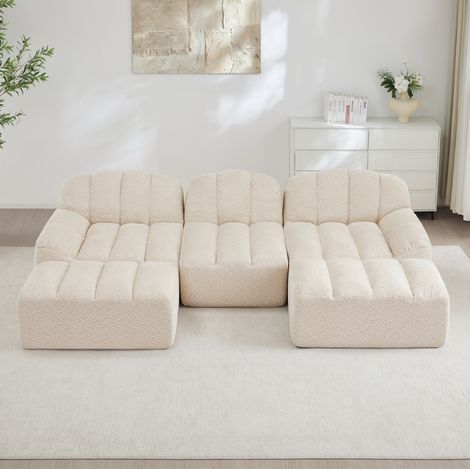 Divano modulare 3 posti a U con 2 pouf, schiuma 32D, seduta profonda, beige bianco (1/5)
