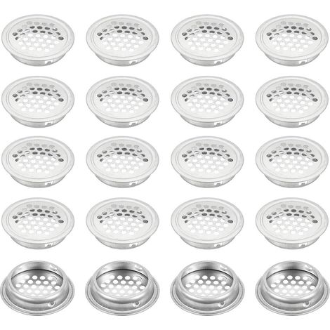 20 grilles d'aération - 53 mm - en acier inoxydable - ouvertures de ventilation - grilles d'aération rondes - pour meubles de cuisine, meubles à chaussures, salle de bain - argent (1/5)