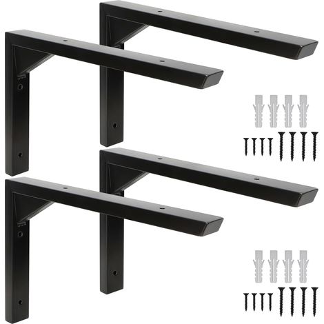 Lot de 4 Support Etagere Murale, Equerre Etagere Murale, équerre étagère, en Acier Inoxydable en forme de L avec Renfort Triangulaire, Design Creux, vis et Chevilles (25 cm) (1/5)