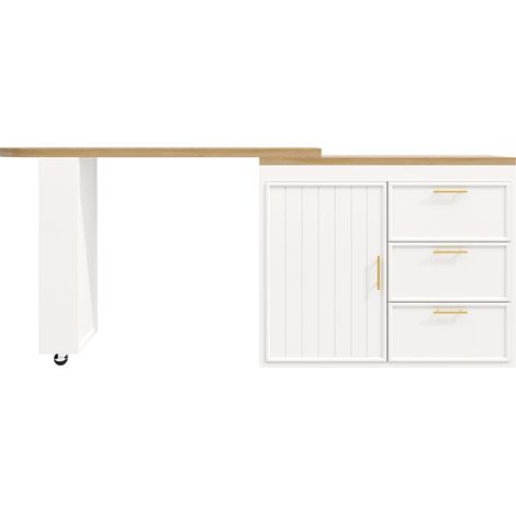 Mesa de bar giratoria 128-203 cm con 3 cajones, estantes y antivuelco, MDF blanca (1/5)