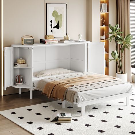 Cama abatible vertical con almacenaje ratán blanca OKMYHOME (1/5)