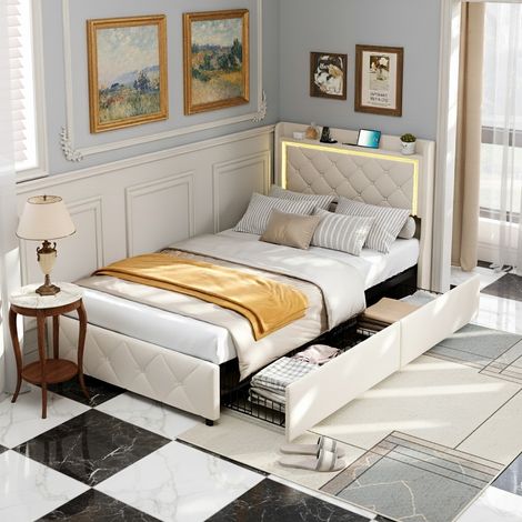 Letto singolo 90x190 cm in velluto beige, con 2 cassetti per lo stoccaggio, rete a doghe in legno, testiera con illuminazione LED e porta USB, decorata con borchie