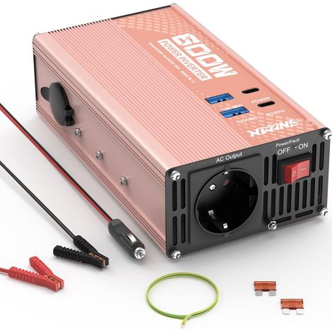 Convertisseur 12 V à 220 V, 600 W Convertisseur de Tension, Onduleur Sinus Modifié avec Prise UE, 2 Ports USB et 2 Ports USB-C, Compris Allume-Cigare, Léger pour Voiture, Camping-Car, Voyage (1/5)