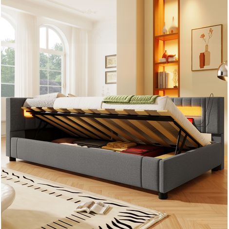 Daybett 90/200 cm grau aus Leinen und MDF mit LED-Beleuchtung und hydraulischem Stauraum (1/5)