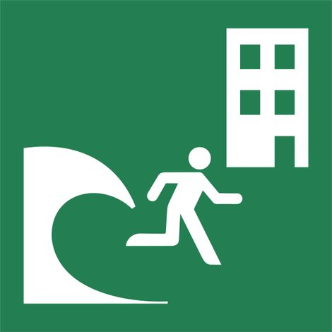 Pannello adesivo ISO 7010 "Via di fuga per evacuazione da tsunami verso edificio sicuro" - E063