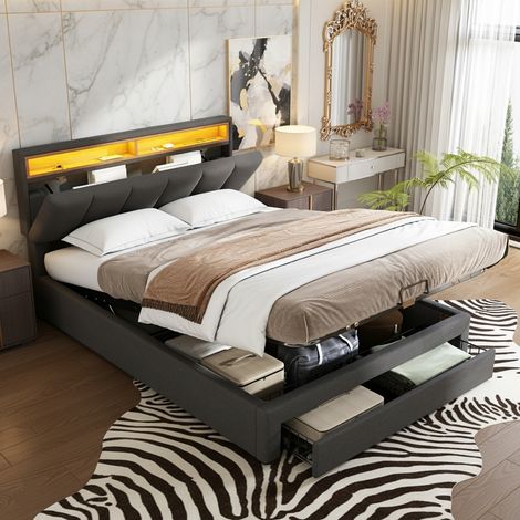 Stauraumbett 140x190 cm, Doppelbett aus Leinen mit LED-Beleuchtung, ausziehbarem gepolstertem Kopfteil, Bettkasten mit Schublade und Stahlrahmen - Grau