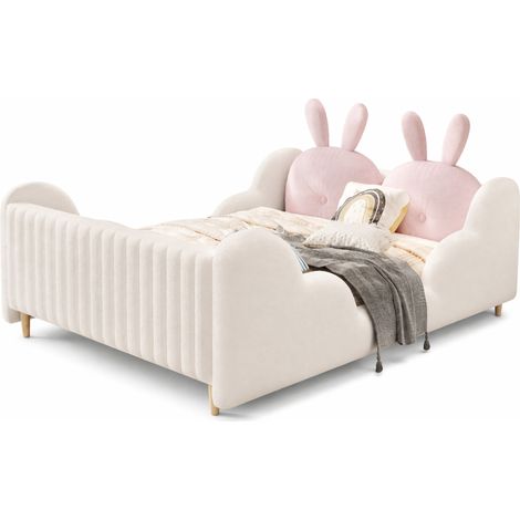 CHICFURN Cama infantil tapizada 140x200 cm con conejito y nubes, cama doble con cabecero acolchado, blanca, estructura estable, para dormitorio acogedor (1/5)