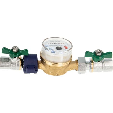 Einstrahlzähler ETK Kombi-Set (Kaltwasser) bis 30 Grad Länge 110 mm, inkl. Kugelhähne grün 1/2 Zoll, Plombierschelle