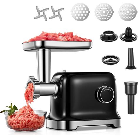 Hachoir à Viande Électrique, 2000W Hachoir Électrique Avec 2 Lame de Coupe, 3 Plaque de Coupe (7MM/5MM/3MM), Tuyau de Saucisse, Forme-kubbe, Hachoir à Viande Domestique Haute Performance, Noir (1/5)