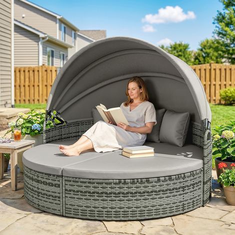 Ensemble de 3 pièces salon de jardin en résine tressée, transat rond avec auvent réglable, fauteuil de détente extérieur, coloris gris clair, mobilier terrasse modulable (1/5)