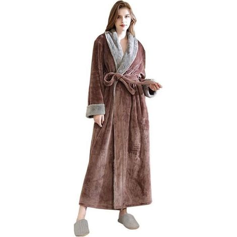 Peignoir de bain - Femme - Long en flanelle - 100% Polyester - Ceinture réglable - Marron (1/3)