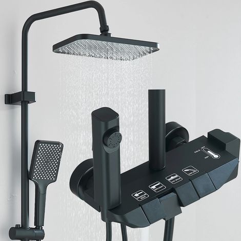 Colonne de Douche Noir Système de Douche Réglable en Hauteur Ensemble de Douche 4 Modes Spray Supérieur, Jet, Robinet, Douchette à Main Acier Inoxydable (1/5)