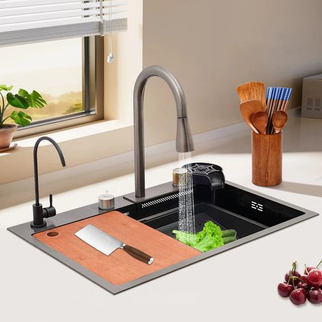 Evier de cuisine encastré Evier LED noir inox 45x68 Set de robinetterie de cuisine (1/5)