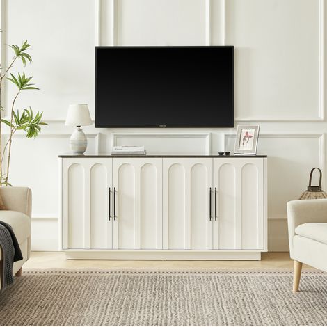Sideboard 160x40x80 cm, 4 ante con chiusura ammortizzata, fissaggio a parete, MDF bianco e nero (1/5)