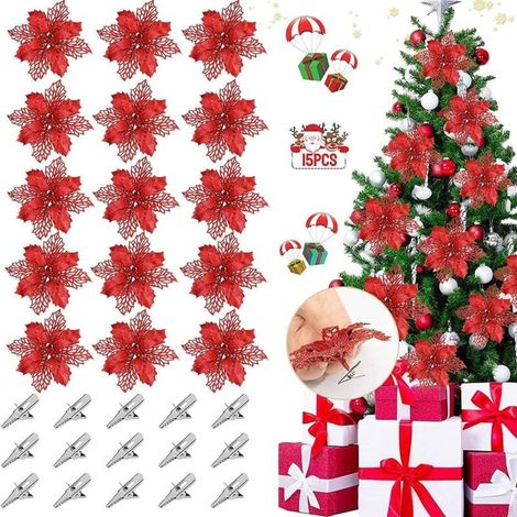 15 Pièces Poinsettia à Paillettes De Noël, Noël Glitter Artificielles Fleurs de Noël, Artificielles Scintillantes Décorations de Fleurs de Noël, Ornement pour d'arbre De Noël Couronne, Rouge (1/5)