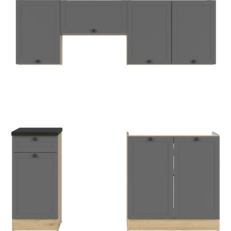 Cuisine complète 180 cm,Ensemble de meuble de cuisine coloris Gris graphite/Chêne graphite, plan de travail noir inclus (1/3)