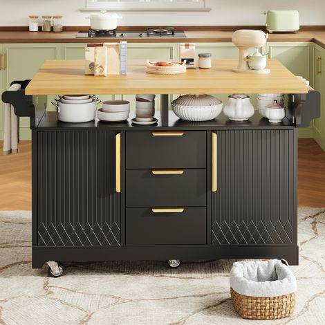 Isla de cocina móvil 120x40x95 cm de MDF negro con encimera abatible - MEUBLIV (1/5)