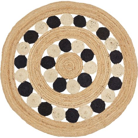 Beliani Rug Beige Jute 140 x 140 cm Boho Rustic Area Round Handmade Braided Fabric, Geometric Pattern, Handwoven, Pile Height 0.5 cm, 100% Jute HOVIT (1/5)