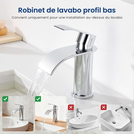 Robinet de lavabo et vasque Ronde Mitigeur de lavabo Chrome Mitigeur lavabo Acier inoxydable Robinet salle de bain en cascade