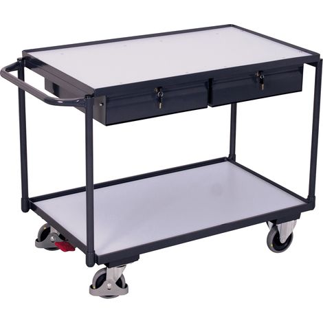 VARIOfit ESD Tischwagen mit 2 Ladeflächen und 2 Schubladen Schiebegriff waagerecht