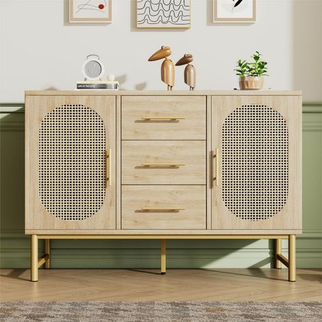 Buffet Rotin 120x40x74cm Chêne Sonoma - 3 Tiroirs 2 Portes Étagère Réglable Salon Chambre (1/5)