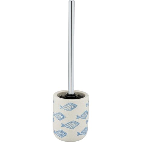 Ensemble WC Aquamarin, Porte-Brosse WC en céramique Blanc Mat avec Un décor Maritime Bleu, Dessins réalisés à la Main, Brosse WC hygiénique, Ø 10 x 40 cm (1/5)