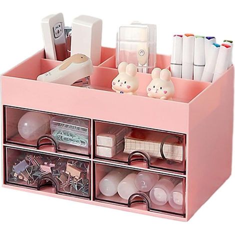 Organiseur de bureau avec 4 tiroirs et 4 compartiments – Pour la maison, le bureau et l'école (Rose) (1/5)