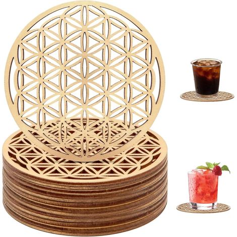 10PCS Fleur de Vie en Bois,Fleur de Vie Dessous de Verre et Bois 10CM,Creuser sous-Verres en Bois, Ornement pour Décoration (1/5)