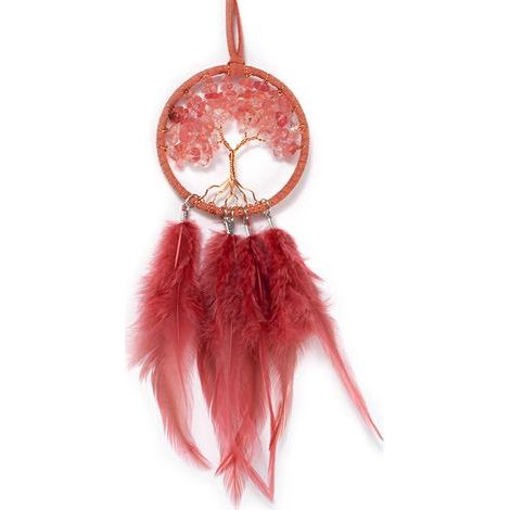 Lntyq Attrape de Rêves Petit Faite Main Capteur de Rêves en Plumes Voiture Décoration Attrape Rêve Arbre de Vie Dreamcatcher pour Chambre Voiture Maison, Rouge (1/4)