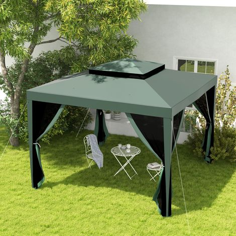 Tente Jardin Gazebo Moustiquaires Latérales Double Toit Trous Drainage Cadre Métallique Aménagement Extérieur Vert 3x3m