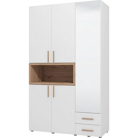 Armario de 3 puertas con estantes, ropero de dormitorio con barra, 2 cajones, 6 estantes, 135x56 cm, blanco