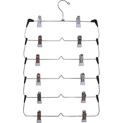 Lot de à pantalons 6 niveaux avec clips - En métal chromé solide et durable - Économie d'espace - Multi-cintres avec clip antidérapant réglable pour pantalons, jupes, pantalons, jeans (1/5)