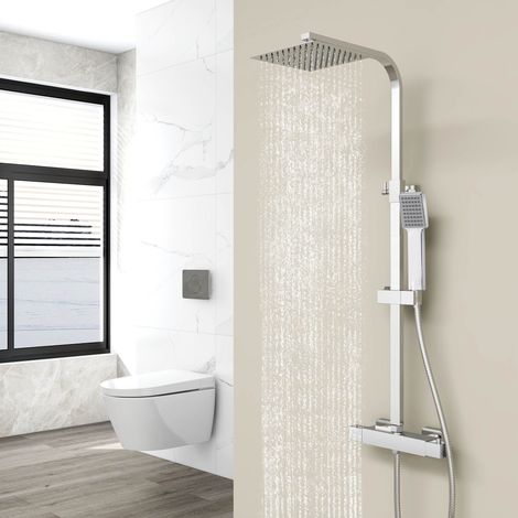 AICA colonne de douche thermostatique de salle de bain avec robinet thermostatique en laiton 1, pomme de douche carrée 20X20cm, hauteur réglable 80-120cm (1/5)