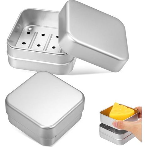 Portasapone in alluminio con coperchio e vassoio raccogligocce, compatto, portasapone quadrato da viaggio per il bagno e in viaggio, set da 2, 8 cm x 8 cm x 3,9 cm (1/5)